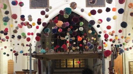 Pom pom art in Cambridgeshire church