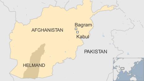 Map of Afghanistan showing Kabul and Bagram and Helmand province