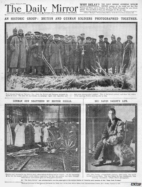 Front page of Daily Mirror from January 1915 with illustration of Christmas Truce