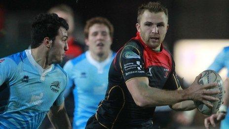 Tom Prydie on the attack for Newport Gwent Dragons against Zebre