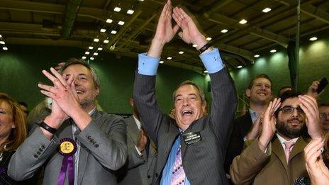 Nigel Farage celebrates Mark Reckless' victory in the Rochester and Strood by-election