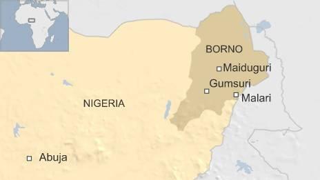 Map showing the villages of Malari and Gumsuri in Borno state in Nigeria
