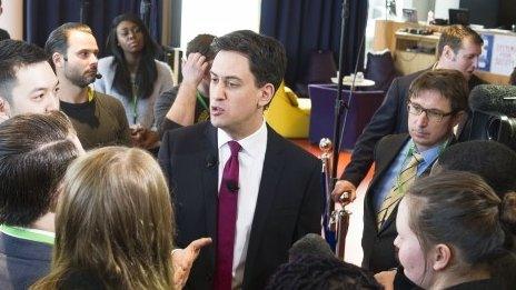 Ed Miliband answering questions from journalists after attending an event organised by Sky News and Facebook