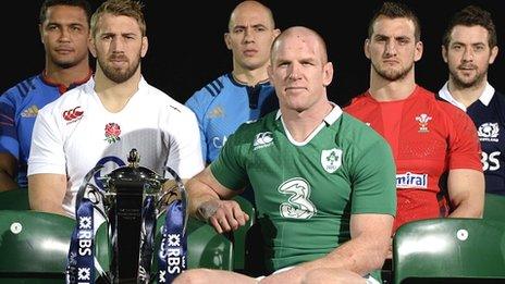 The captains of the six Six Nations countries pose with the tournament trophy