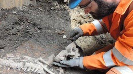 A Crossrail worker excavates a skeleton