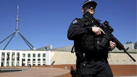 Armed policeman outside Parliament House in Canberra (Sept 2014)