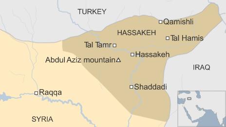 Map showing Tal Tamr and Hassakeh province in Syria