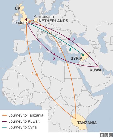 Map showing 'Jihadi John's' movements ahead of his travel to Syria