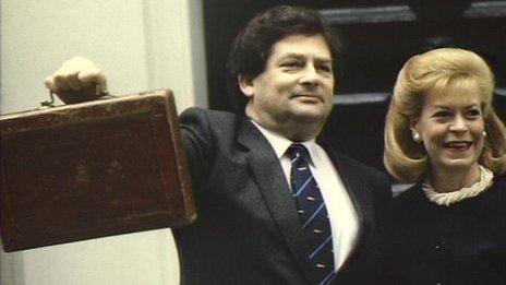 Nigel Lawson with his wife Therese before delivering the 1997 Budget