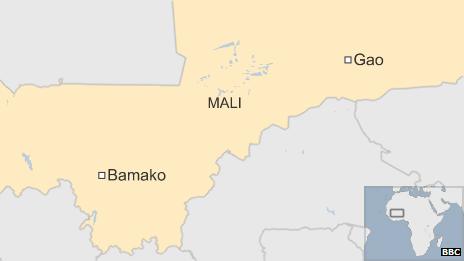 A map showing Gao and Bamako in Mali