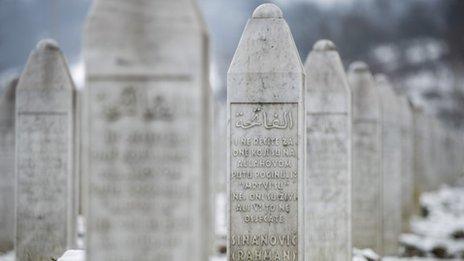 The memorial cemetery of Potocari, outside Srebrenica, 150km north-east of Sarajevo, shows the gravestone of Muriz Sinanovic who was among 8,000 Muslim Bosniak men and boys killed in the July 1995 Srebrenica massacre (March 2015)