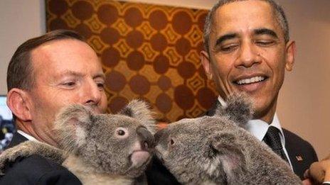 Australia's Prime Minister Tony Abbott (L) and US President Barack Obama each hold a koala at the G20 Leaders Summit in Brisbane, Australia on 15 Nov 2014