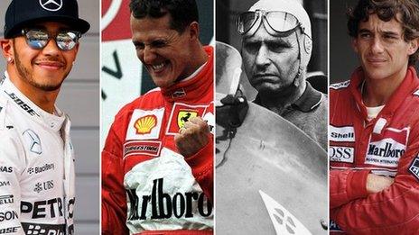 Lewis Hamilton, Michael Schumacher, Juan Manuel Fangio and Ayrton Senna