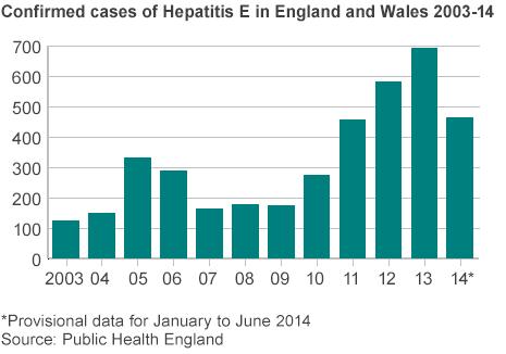 Chart showing number of hepatitis cases in England and Wales since 2003