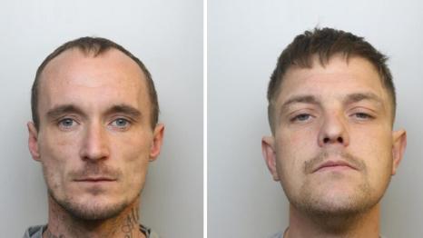 Custody picture of Andrew Dymock (left) and Robert White (right). Both men are unsmiling, have dark hair and are wearing grey sweatshirts or t-shirts. 
