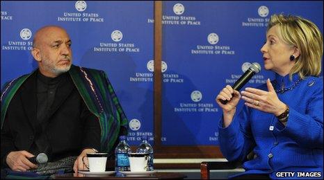 Hamid Karzai and Hilary Clinton