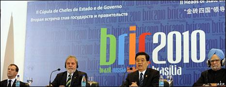From left to right: Russia's Dmitri Medvedev, Brazil's Lula, China's Hu Jintao and India's Manmohan Singh at a Bric summit in Brasilia in April