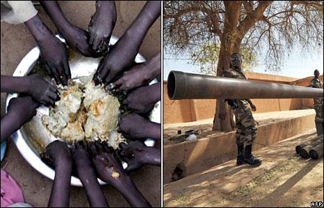A meal in a displacement camp in Sudan's Darfur region (left). Soldiers in Niger after a coup in February 2010 (right)