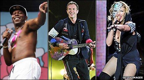 Left-right: Dizzee Rascal, Coldplay's Chris Martin, Kylie Minogue