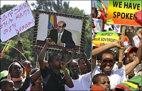 Supporters of Meles Zenawi carry placards criticising rights groups in Addis Ababa on 25 May 25 2010 as they celebrate his poll victory