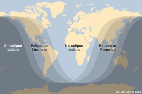 Map of areas of the planet from which the eclipse will be visible