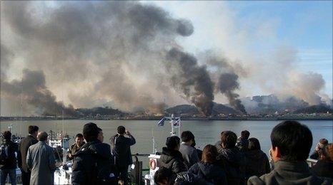 Smoke rising from Yeonpyeong island (23 November 2010)