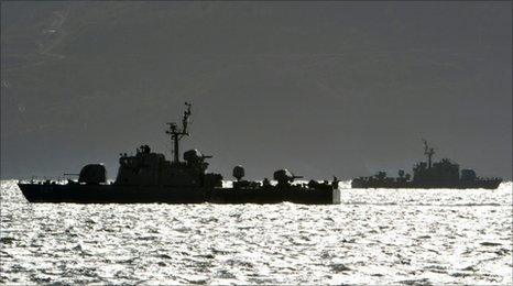 South Korean navy vessels patrol near Yeonpyeong island, 25 November 2010