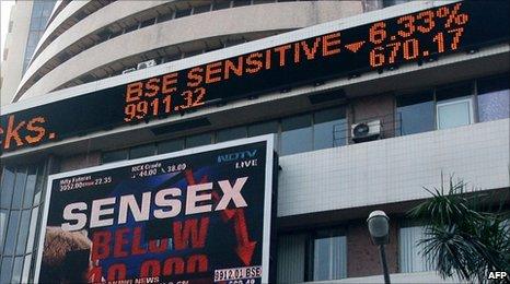 Digital stock ticker outside The Bombay Stock Exchange (BSE) building