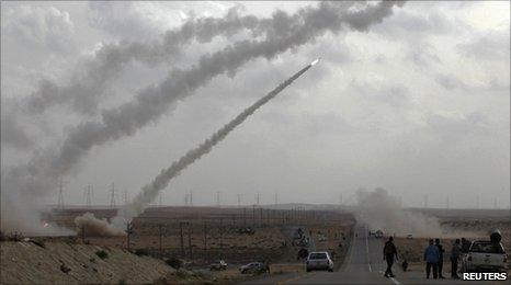 Rebel rockets fired in the Libyan desert, near Brega, on 6/4/11