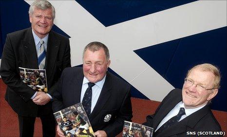 President Ian McLaughlan is joined at Murrayfield by outgoing Scottish Rugby president Allan Munro (left) and interim chief executive Jock Millican (right) ahead of the agm