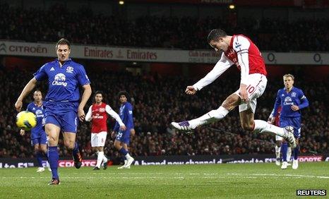 Robin van Persie scores for Arsenal against Everton