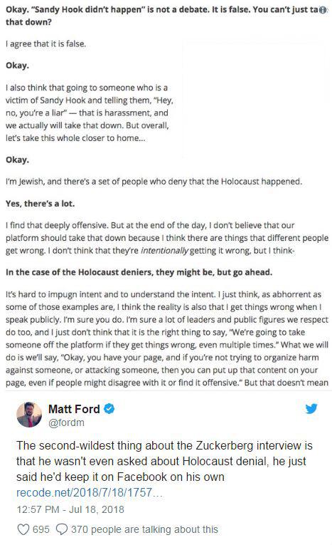 Tweet from Matt Ford reading "The second-wildest thing about the Zuckerberg interview is he said he'd keep it on Facebook on his own"
