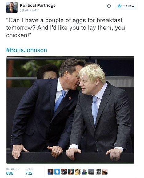 Tweet reads: "Can I have a couple of eggs for breakfast tomorrow? And I'd like you to lay them, you chicken!"