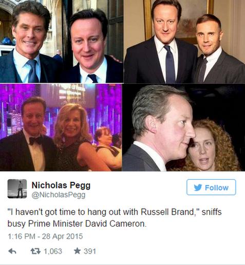 This collection of photos was re-tweeted more than 1,000 times after Cameron said he was too busy to be interviewed by Russell Brand
