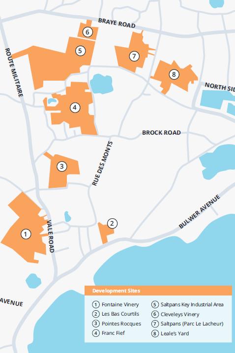 A map of eight developments between Route Militaire / Vale Road, Braye Road, and Bulwer Avenue