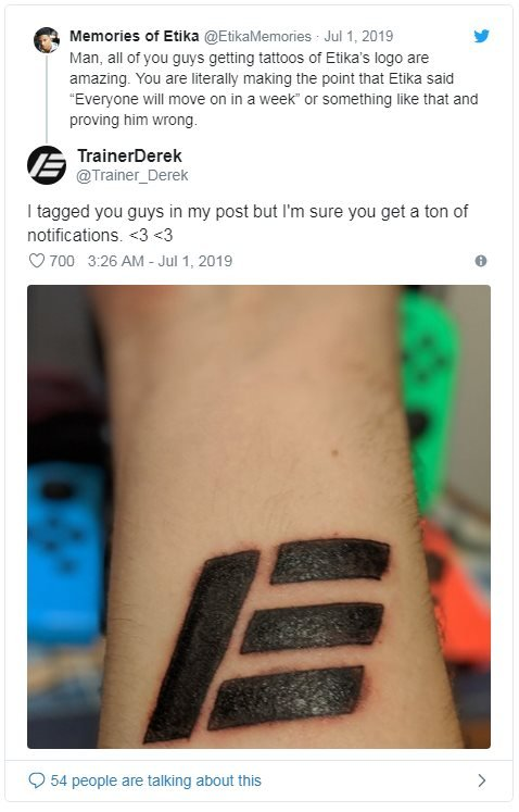 An image of Etika's logo tattooed on an arm, tweeted by TrainerDerek
