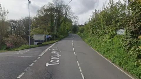 Google The A379 in Shaldon at a T-junction with a sign pointing towards Shaldon Zoo, the Ness pub and Shaldon Golf Course. The side of the road opposite the junction has a grass verge with tall bushes and a road sign with directions to Teignmouth and Torquay.