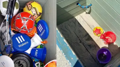 Borrow A Bucket Two images side by side of toy boxes. One is full of balls and frisbees and the other is empty.