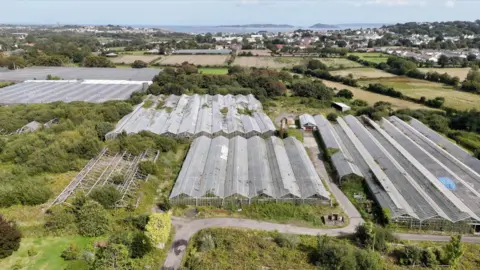 A number of derelict greenhouses from the sky.