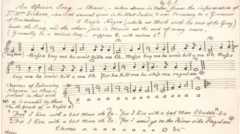 An 18th century song in note form on an old manuscript