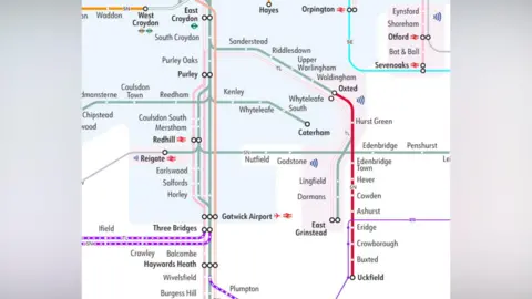 Southern A train map showing the lines between Oxted and Uckfield.