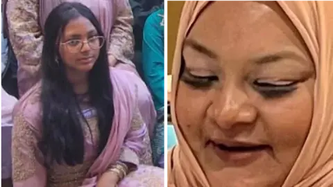 Samiha Rahman (on the left) wears a pink shawl among a crowd of other people. She has dark hair and clear-framed glasses. On the right, a close-up of Shally Rahman wearing a cream-coloured hijab, looking down towards her lap.