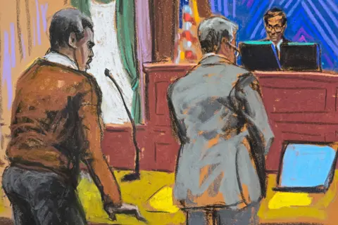 Court sketch of Diddy speaking in court