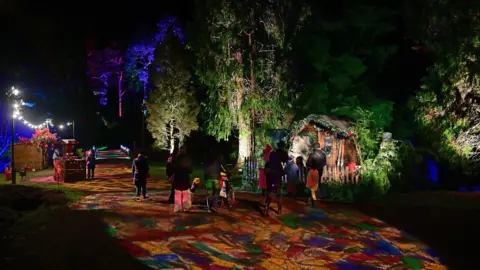 Bedgebury National Pinetum Visitors looking at a Christmas light show event inside a forest.