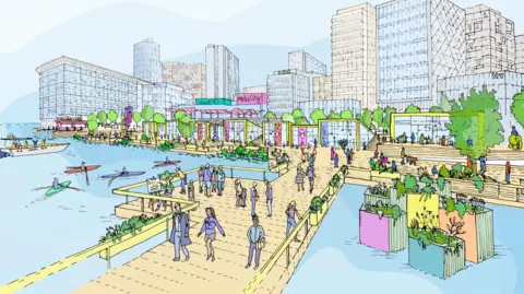 MediaCityUK / Landsec A colourful architectural illustration of a modern waterfront development at MediaCityUK, featuring wooden boardwalks, landscaped planters, people walking and kayaking, and contemporary glass buildings in the background.
