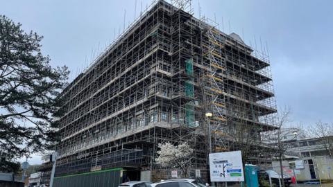 Wycombe Hospital covered in scaffolding