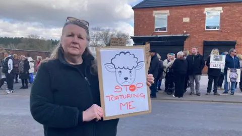 BBC A woman with silver hair and sunglasses on her head holds up a cardboard sign with a white piece of paper on it. The paper features a cartoon drawing of a sheep's face as tears drop from its eyes. In orange letters are the words 'Stop torturing me' with the 'o' made to look like a stop sign. Crowds of protestors stand behind her, with some holding signs. They are all stood outside, with brick buildings behind them.