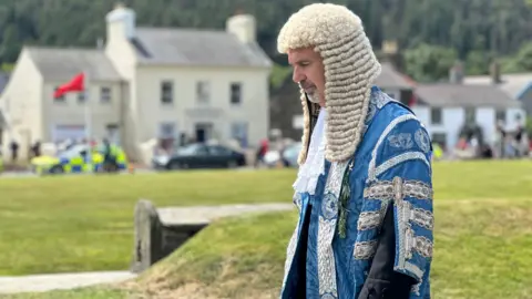 Skelly, who is wearing the president's ceremonial robes, which are blue with elaborate white and silver embroidery, and white wig.