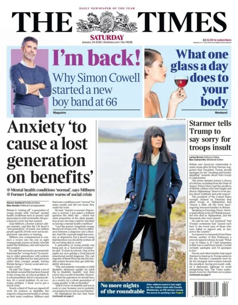 "Anxiety 'to cause a lost generation on benefits'," reads the headline on the front page of the Times.