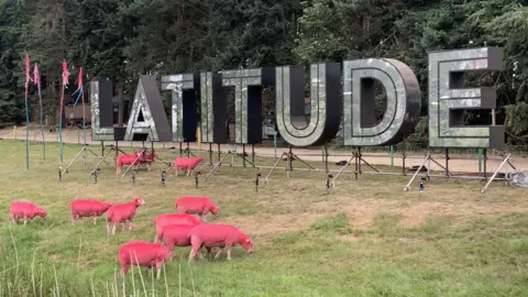 Richard Haugh/BBC A general view of the Latitude Festival sign and pink sheep